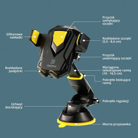 Remax Transformer RM-C26 teleszkópos autóba szerelhető telefontartó műszerfalhoz vagy szélvédőhöz, fekete-sárga (RM-C26-black-yellow)