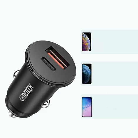 Choetech kétportos autós gyorstöltő, PD USB Type C + QC3.0 USB-A, 30W, 5A, fekete (TC0006)