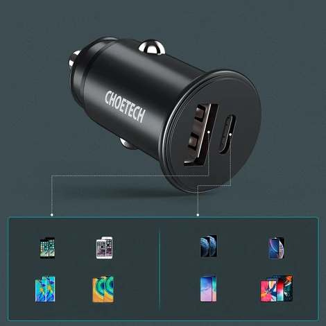 Choetech kétportos autós gyorstöltő, PD USB Type C + QC3.0 USB-A, 30W, 5A, fekete (TC0006)