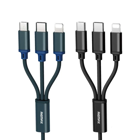 Remax Gition 3 az 1-ben nylon fonott USB - micro USB / Lightning / USB-C kábel, 2.8A, 1,15M, fekete
