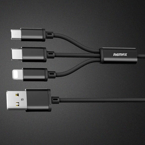 Remax Gition 3 az 1-ben nylon fonott USB - micro USB / Lightning / USB-C kábel, 2.8A, 1,15M, fekete