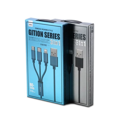Remax Gition 3 az 1-ben nylon fonott USB - micro USB / Lightning / USB-C kábel, 2.8A, 1,15M, fekete