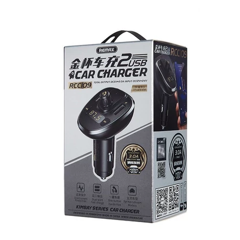 Remax Kimbay FM Transmitter, autós töltő, 2x USB, 3A, fekete (RCC109-black)