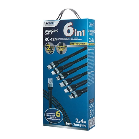 Remax Jany Series többfunkciós 6 az 1-ben USB kábel - micro USB + USB Type C + Lightning / micro USB + USB Type C + Lightning, 2m, fekete (RC-124)