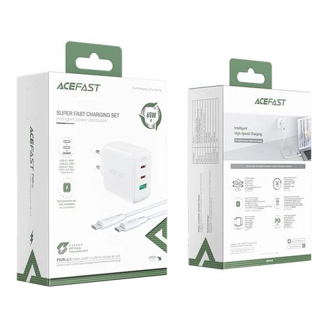 Acefast 2 az 1-ben töltő, 2x USB Type C / USB 65W, PD, QC 3.0, AFC, FCP (szett kábellel), fehér (A13-white)