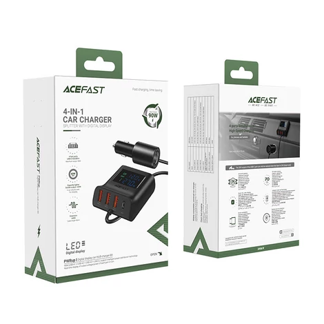 Acefast autós töltő 90W USB Type C / 3x USB / szivargyújtó aljzat, PPS, PD3.0, QC3.0, AFC, FCP töltőállomás, fekete (B8-black)