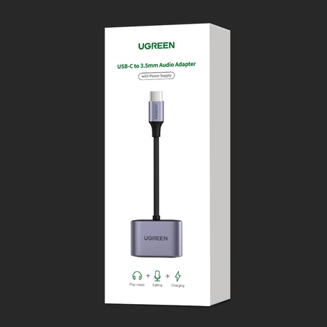 Ugreen audioadapter USB Type C (apa) - USB Type C PD QC (aljzat) + 3,5 mm-es mini jack (aljzat), szürke