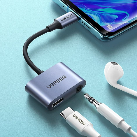 Ugreen audioadapter USB Type C (apa) - USB Type C PD QC (aljzat) + 3,5 mm-es mini jack (aljzat), szürke