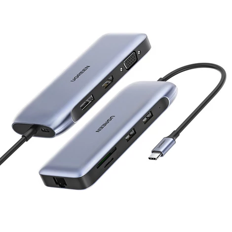 Ugreen multifunkcionális HUB 9 az 1-ben USB Type C - HDMI, DP, VGA, 2 x USB, RJ45 Ethernet, SD / TF kártyaolvasó, USB Type C PD, 100 W, szürke (CM274)