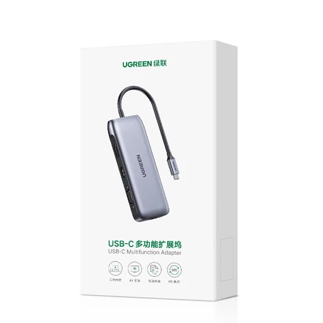 Ugreen multifunkcionális HUB 9 az 1-ben USB Type C - HDMI, DP, VGA, 2 x USB, RJ45 Ethernet, SD / TF kártyaolvasó, USB Type C PD, 100 W, szürke (CM274)