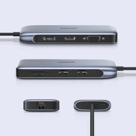 Ugreen multifunkcionális HUB 9 az 1-ben USB Type C - HDMI, DP, VGA, 2 x USB, RJ45 Ethernet, SD / TF kártyaolvasó, USB Type C PD, 100 W, szürke (CM274)