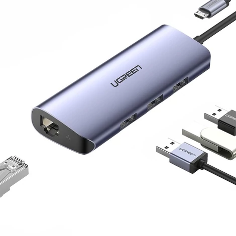 Ugreen multifunkcionális adapter HUB USB Type C - 3 x USB / Ethernet RJ-45 / mikro USB, szürke (CM252)