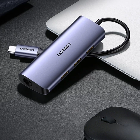 Ugreen multifunkcionális adapter HUB USB Type C - 3 x USB / Ethernet RJ-45 / mikro USB, szürke (CM252)