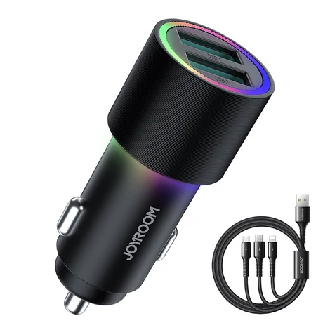 Joyroom autós töltő 2 x USB világítással, 24 W + tápkábel 3 az 1-ben USB Type C / micro USB / Lightning, 1,2 m, fekete (JR-CL10)