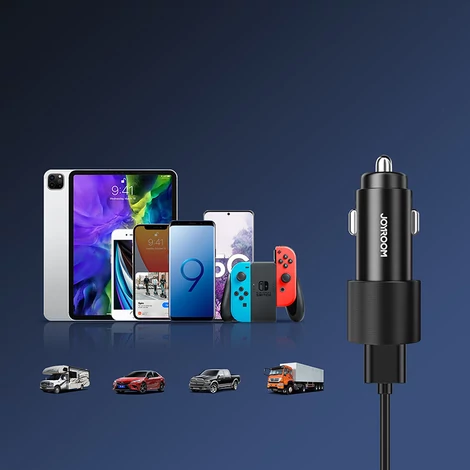 Joyroom autós töltő 2 x USB világítással, 24 W + tápkábel 3 az 1-ben USB Type C / micro USB / Lightning, 1,2 m, fekete (JR-CL10)