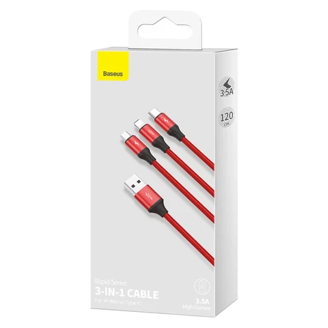 Baseus 3 az 1-ben kábel USB csatlakozókkal - USB Type C / Lightning / micro USB, 1.2m, 3.5A, piros (CAJS000009)