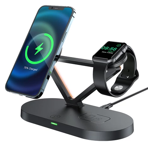 Acefast 15W Qi vezeték nélküli töltő iPhone-hoz (MagSafe-vel), Apple Watch és Apple AirPods állványtartó fekete (E9 fekete)