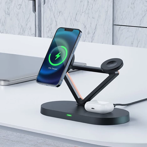 Acefast 15W Qi vezeték nélküli töltő iPhone-hoz (MagSafe-vel), Apple Watch és Apple AirPods állványtartó fekete (E9 fekete)