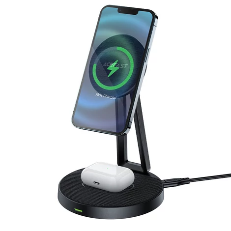 Acefast Qi vezeték nélküli töltő 15W iPhone-hoz (MagSafe-vel) és Apple AirPods állványtartó mágneses tartó fekete (E8 black)