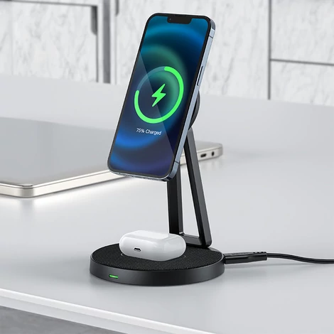 Acefast Qi vezeték nélküli töltő 15W iPhone-hoz (MagSafe-vel) és Apple AirPods állványtartó mágneses tartó fekete (E8 black)