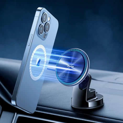 Joyroom autós mágneses tartó Qi vezeték nélküli indukciós töltő 15W (MagSafe iPhone kompatibilis) műszerfalra ezüst (JR-ZS290)