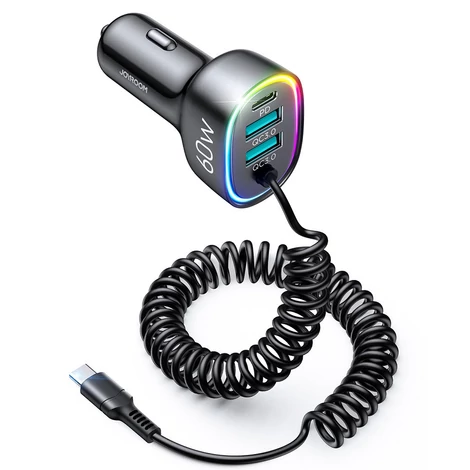Joyroom 4 az 1-ben gyors autós töltő PD, QC3.0, AFC, FCP USB C típusú kábellel 1.6m 60W fekete (JR-CL19)