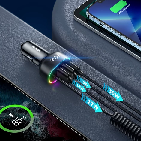 Joyroom 4 az 1-ben gyors autós töltő PD, QC3.0, AFC, FCP USB C típusú kábellel 1.6m 60W fekete (JR-CL19)