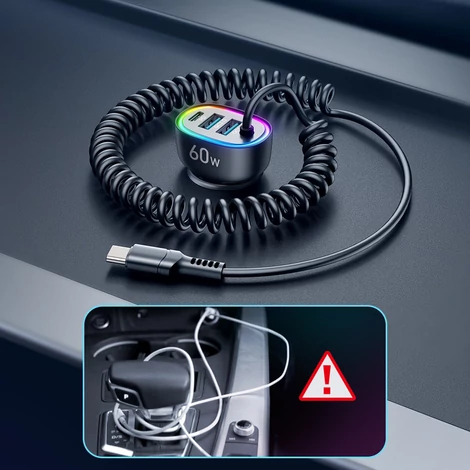 Joyroom 4 az 1-ben gyors autós töltő PD, QC3.0, AFC, FCP USB C típusú kábellel 1.6m 60W fekete (JR-CL19)