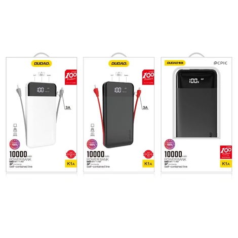 Dudao 2x USB power bank 10000mAh 2A beépített kábel 3in1 Lightning / USB Type C / micro USB 3A fekete (K1A-black)