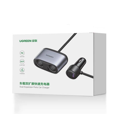 Ugreen USB / USB Type C autós töltő osztóval 2x autós aljzat, szürke (30886)