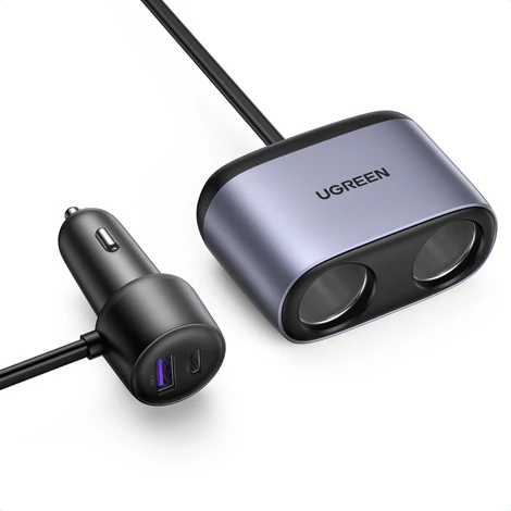 Ugreen USB / USB Type C autós töltő osztóval 2x autós aljzat, szürke (30886)
