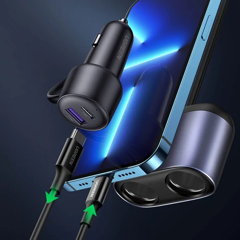 Ugreen USB / USB Type C autós töltő osztóval 2x autós aljzat, szürke (30886)