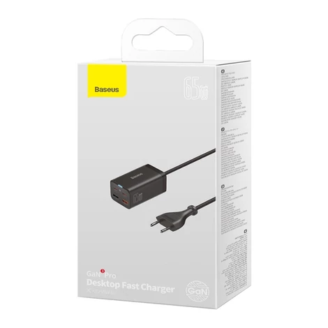 Baseus GaN3 Pro gyors GaN töltő 2 x USB Type C / 2 x USB 65W PD, QC4.0 +, AFC + USB Type C - USB Type C kábel 1m fekete (CCGP040101)