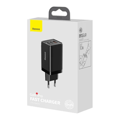 Baseus GaN3 Pro gyors univerzális GaN töltő 2 x USB Type C / USB 65W PD3.0, QC4.0 +, AFC fekete + USB Type C - USB Type C kábel 1m (CCGP050101)