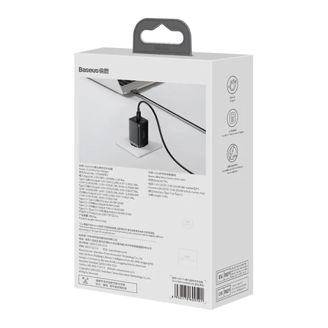 Baseus GaN3 Pro gyors univerzális GaN töltő 2 x USB Type C / USB 65W PD3.0, QC4.0 +, AFC fekete + USB Type C - USB Type C kábel 1m (CCGP050101)