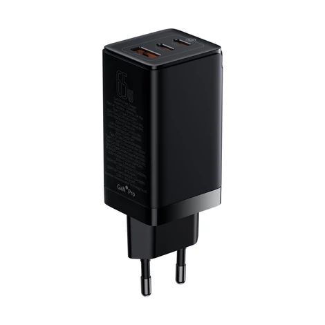 Baseus GaN3 Pro gyors univerzális GaN töltő 2 x USB Type C / USB 65W PD3.0, QC4.0 +, AFC fekete + USB Type C - USB Type C kábel 1m (CCGP050101)