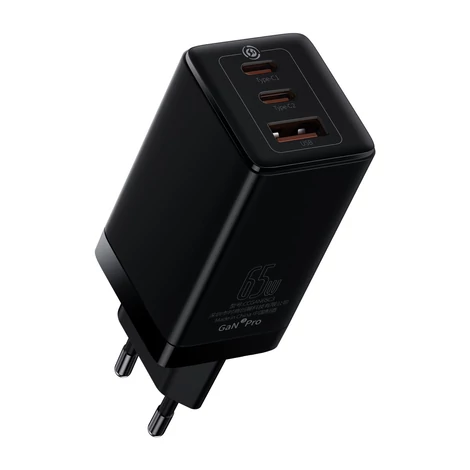 Baseus GaN3 Pro gyors univerzális GaN töltő 2 x USB Type C / USB 65W PD3.0, QC4.0 +, AFC fekete + USB Type C - USB Type C kábel 1m (CCGP050101)