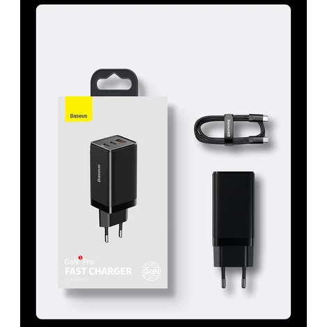 Baseus GaN3 Pro gyors univerzális GaN töltő 2 x USB Type C / USB + kábel USB Type C - USB Type C 65W PD3.0, QC4.0 +, AFC fehér (CCGP050102)
