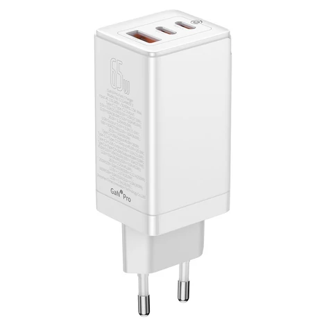 Baseus GaN3 Pro gyors univerzális GaN töltő 2 x USB Type C / USB + kábel USB Type C - USB Type C 65W PD3.0, QC4.0 +, AFC fehér (CCGP050102)