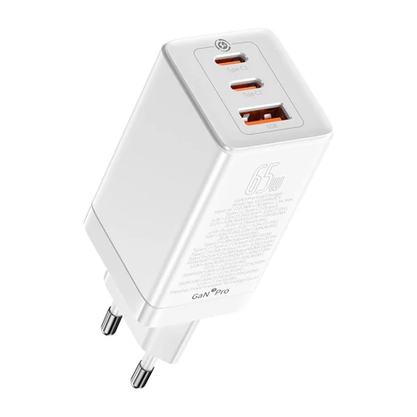 Baseus GaN3 Pro gyors univerzális GaN töltő 2 x USB Type C / USB + kábel USB Type C - USB Type C 65W PD3.0, QC4.0 +, AFC fehér (CCGP050102)