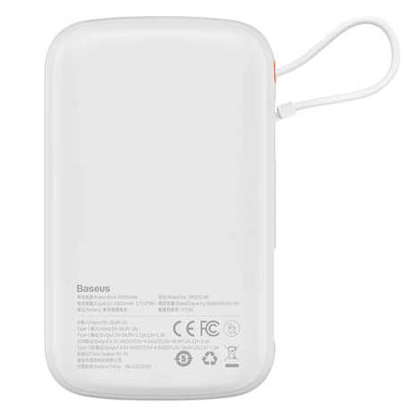 Baseus Qpow power bank 10000mAh beépített USB Type-C kábel 22.5W gyorstöltés SCP AFC FCP fehér (PPQD02010102)