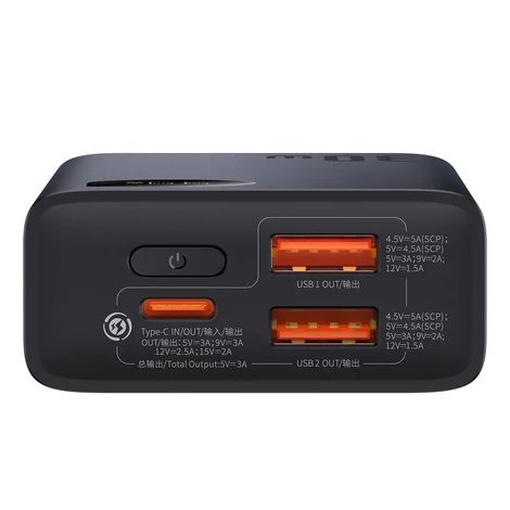Baseus Adaman2 power bank digitális kijelzővel 10000mAh 30W 2 x USB / 1x USB Type C Power Delivery gyorstöltés SCP fekete (PPAD040001)