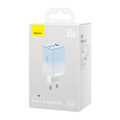 Baseus CCGP050103 DZ-HW Baseus GaN3 Pro gyorstöltő 2C+U 65W EU Cloud Blue (a Dynamic Series gyors töltő adatátviteli kábellel Type-C Type-C 100W 1m kék)