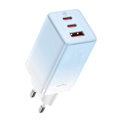 Baseus CCGP050103 DZ-HW Baseus GaN3 Pro gyorstöltő 2C+U 65W EU Cloud Blue (a Dynamic Series gyors töltő adatátviteli kábellel Type-C Type-C 100W 1m kék)
