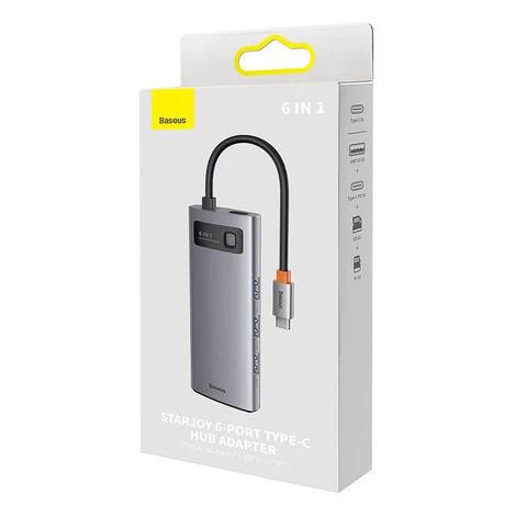 Baseus Hub 6 az 1-ben Metal Gleam sorozat, USB-C - 3x USB 3.0 + USB-C PD + microSD/SD