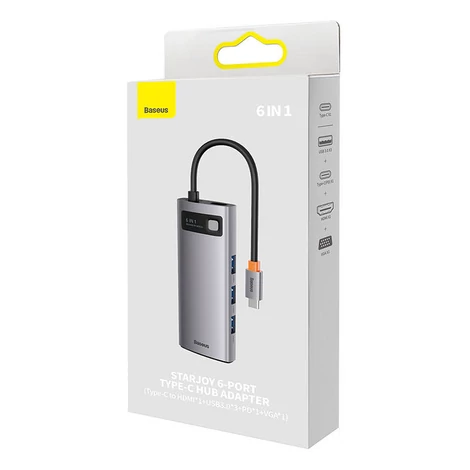 Baseus Hub 6 az 1-ben Metal Gleam sorozat, USB-C - 3x USB 3.0 + HDMI + USB-C PD + VGA