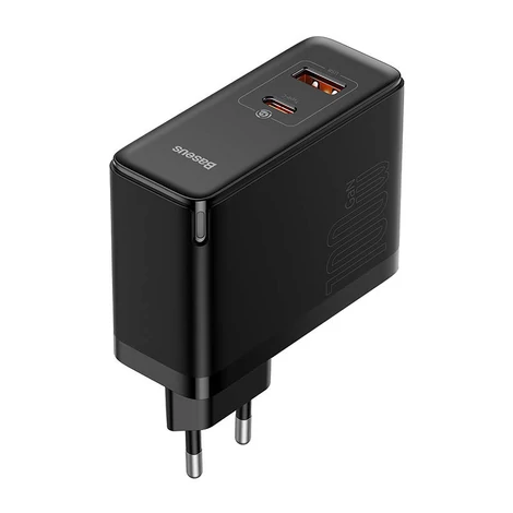 Baseus GaN USB-C + USB fali töltő, 100W + 1m kábel (fekete)