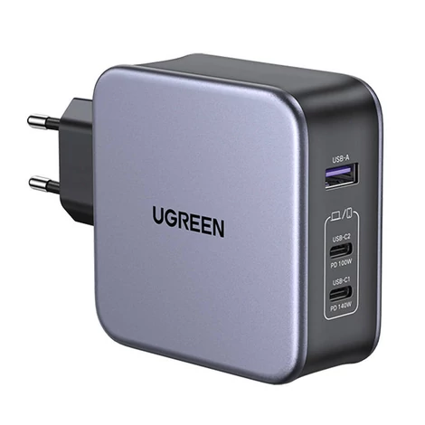 UGREEN CD289 hálózati töltő, 2x USB-C, 1x USB-A, GaN, 140W, 2m kábel (ezüst)