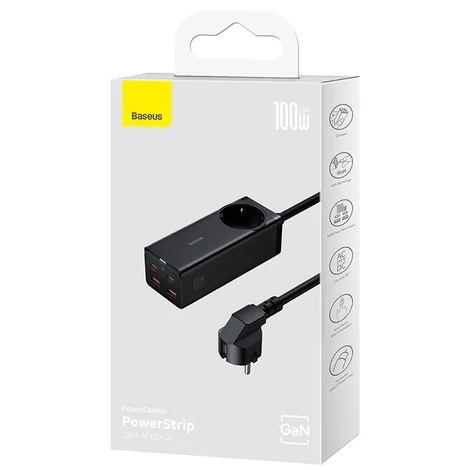 Baseus GaN3 Pro fali töltő / powerstrip 2xUSB + 2xUSB-C + AC, 100W (fekete)