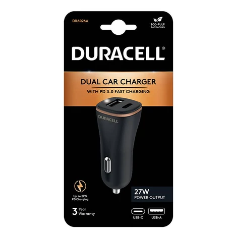 Duracell Autótöltő USB, USB-C 27W  (fekete)